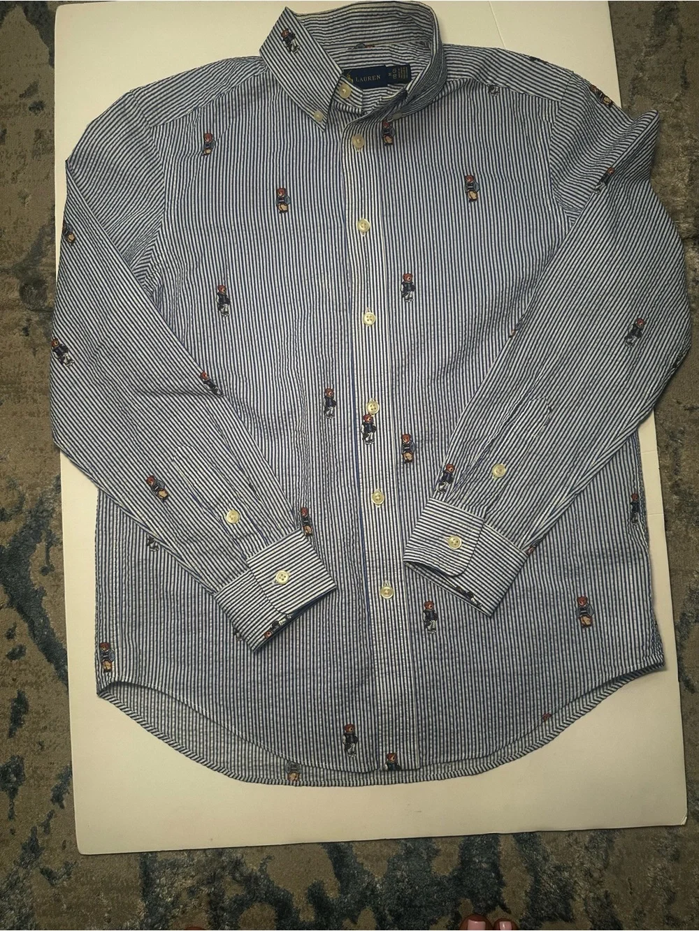 Ralph Lauren Blue and White Striped Embroidered Polo Bear Button-Down Shirt